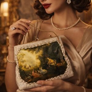 OLD MONEY GLAM VINTAGE TAPESTRY EVENING PURSE PEARL TRIM CHAIN PAINTING SCENE
